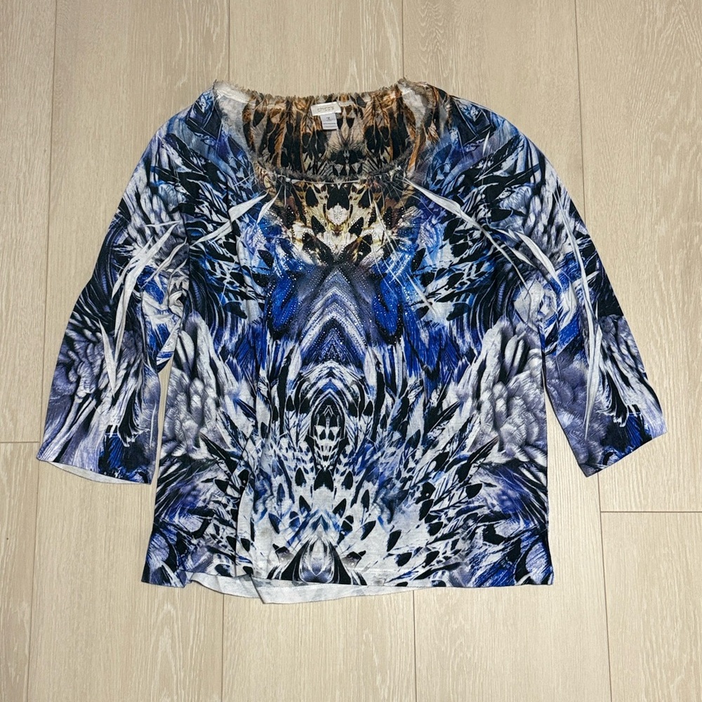 ✨ Chico's Blue and Brown Patterned Rhinestone Accented Blouse